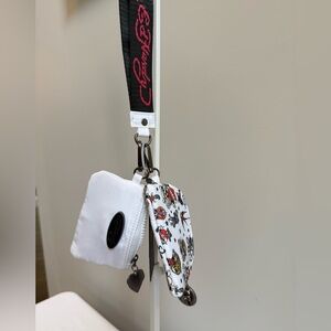 Ed Hardy White Coin, Card & Key Holder with Multicolor Tattoo Print